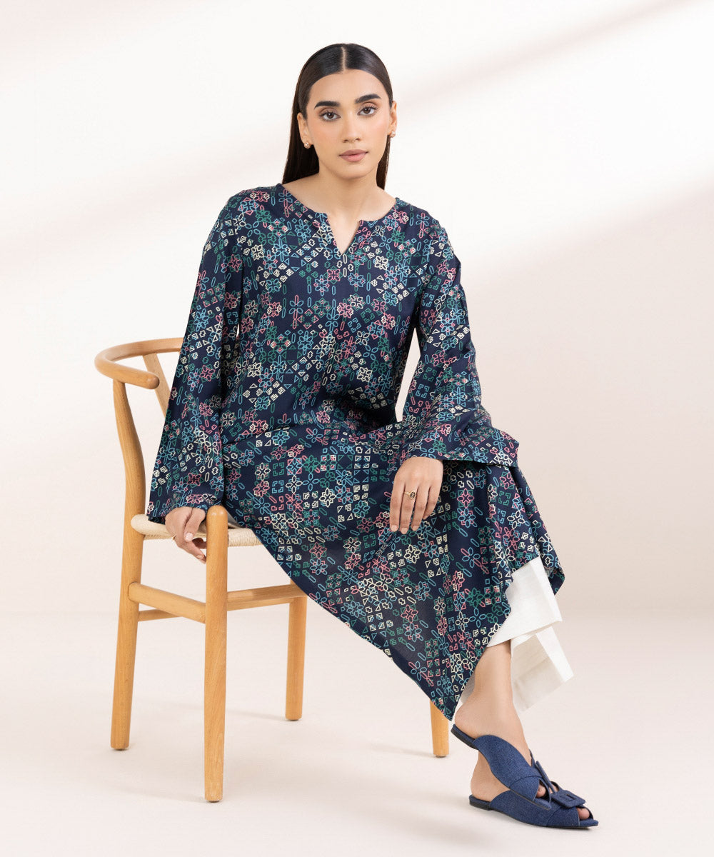 Women's Pret Linen Printed Navy Blue A-Line Shirt