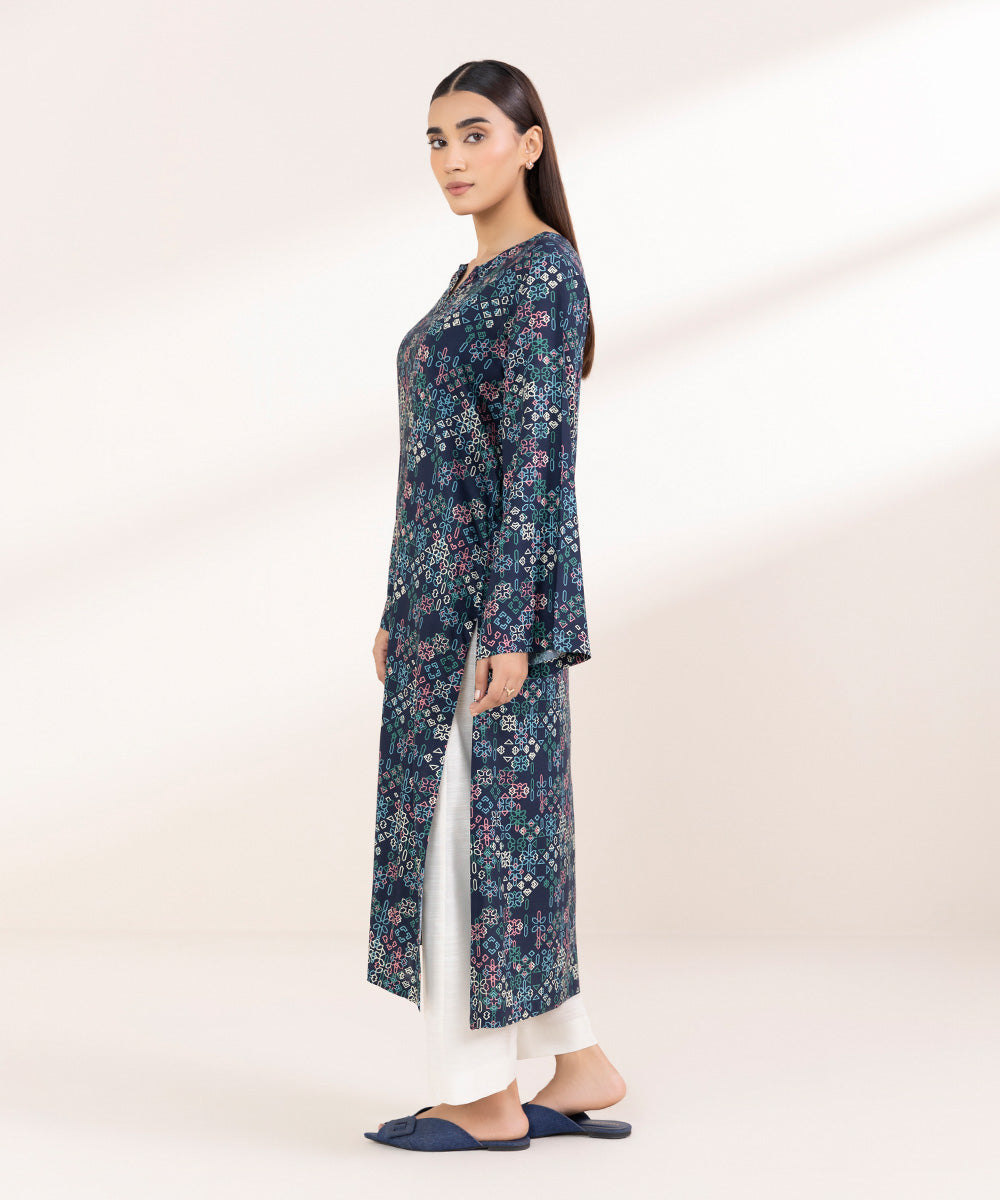 Women's Pret Linen Printed Navy Blue A-Line Shirt