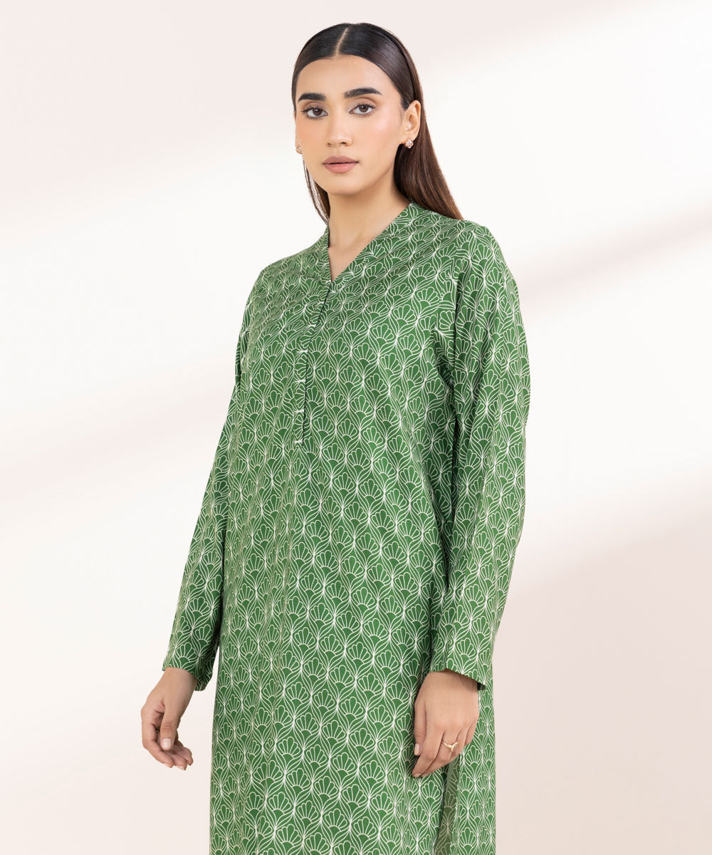 Women's Pret Linen Printed Dark Green A-Line Shirt