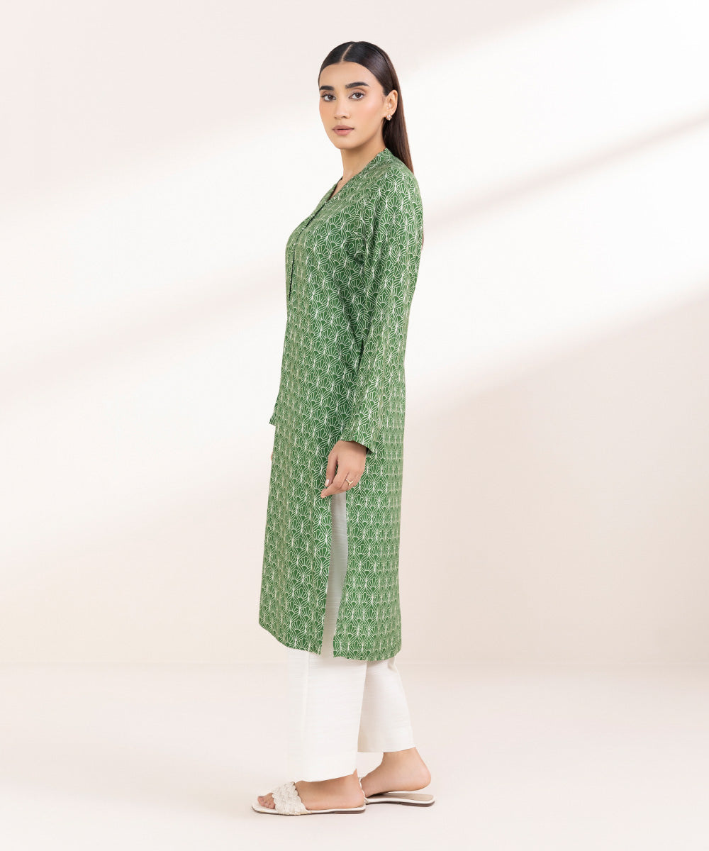 Women's Pret Linen Printed Dark Green A-Line Shirt