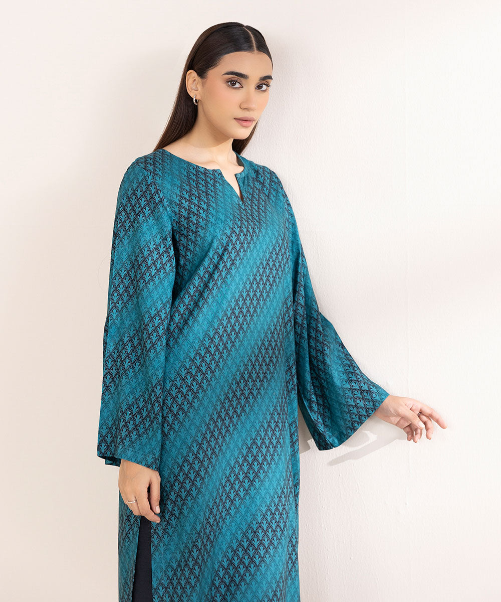 Women's Pret Linen Printed Teal A-Line Shirt