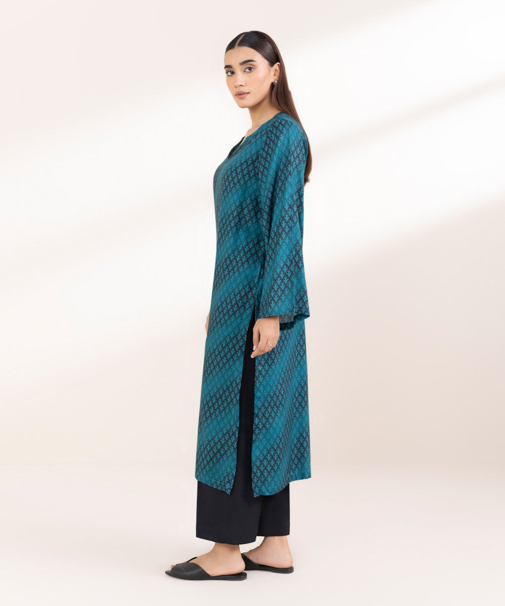 Women's Pret Linen Printed Teal A-Line Shirt