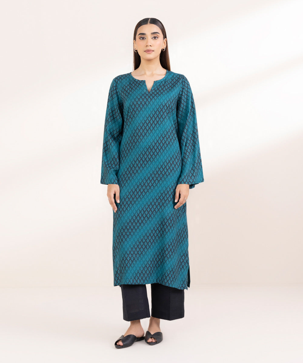 Women's Pret Linen Printed Teal A-Line Shirt