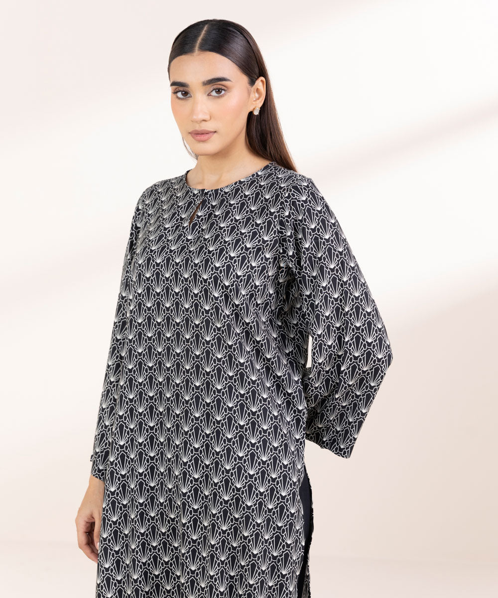 Women's Pret Linen Printed Black Straight Shirt