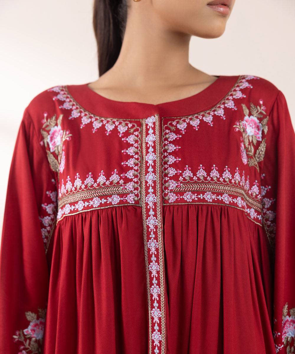 Women's Pret Bedford Embroidered Red Flared Shirt