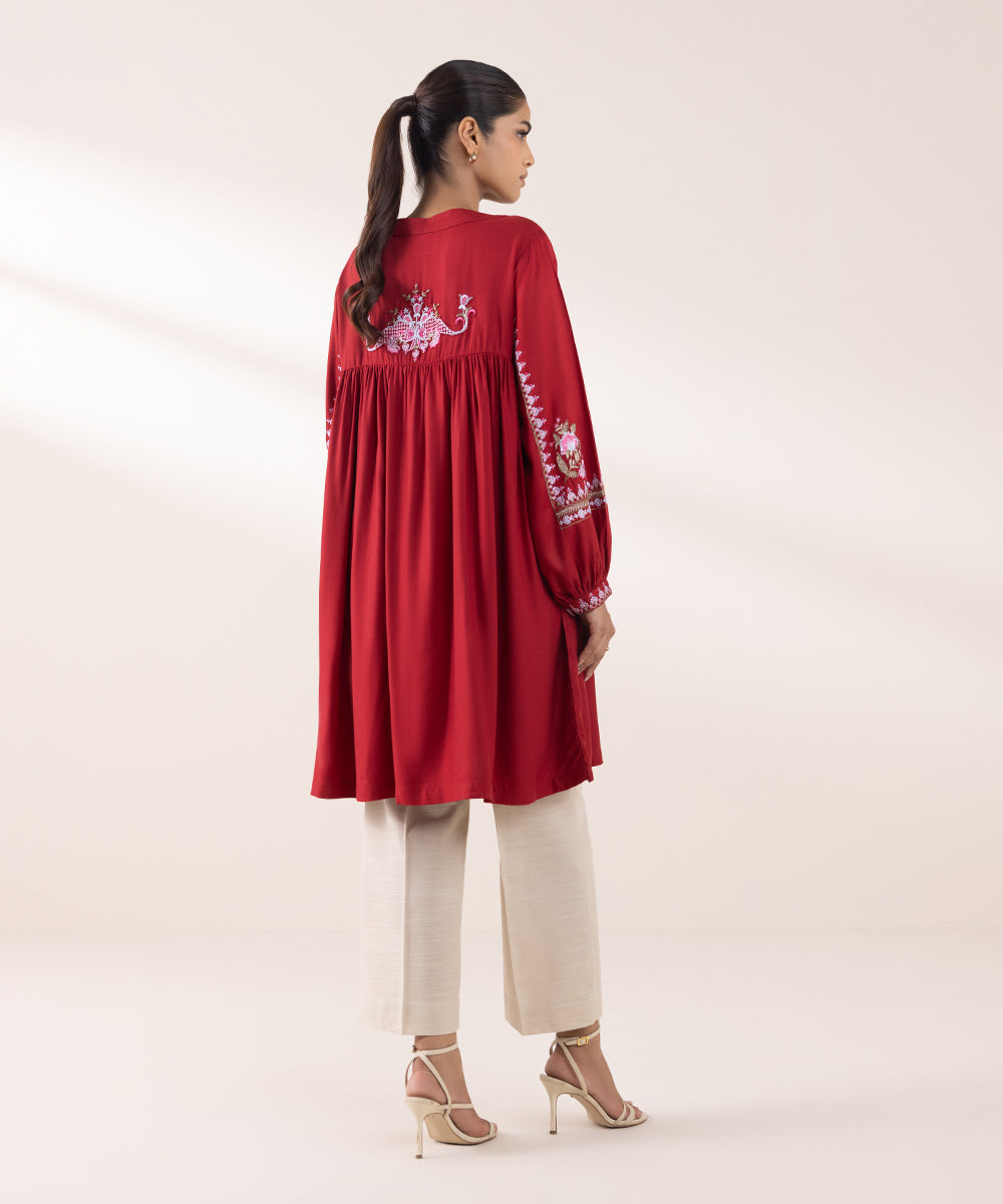 Women's Pret Bedford Embroidered Red Flared Shirt