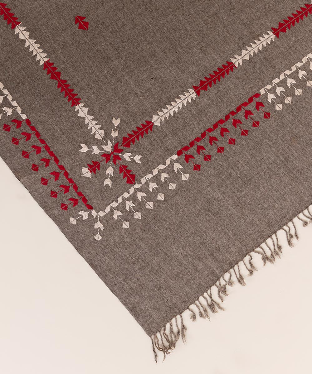 Grey Embroidered Wool Shawl