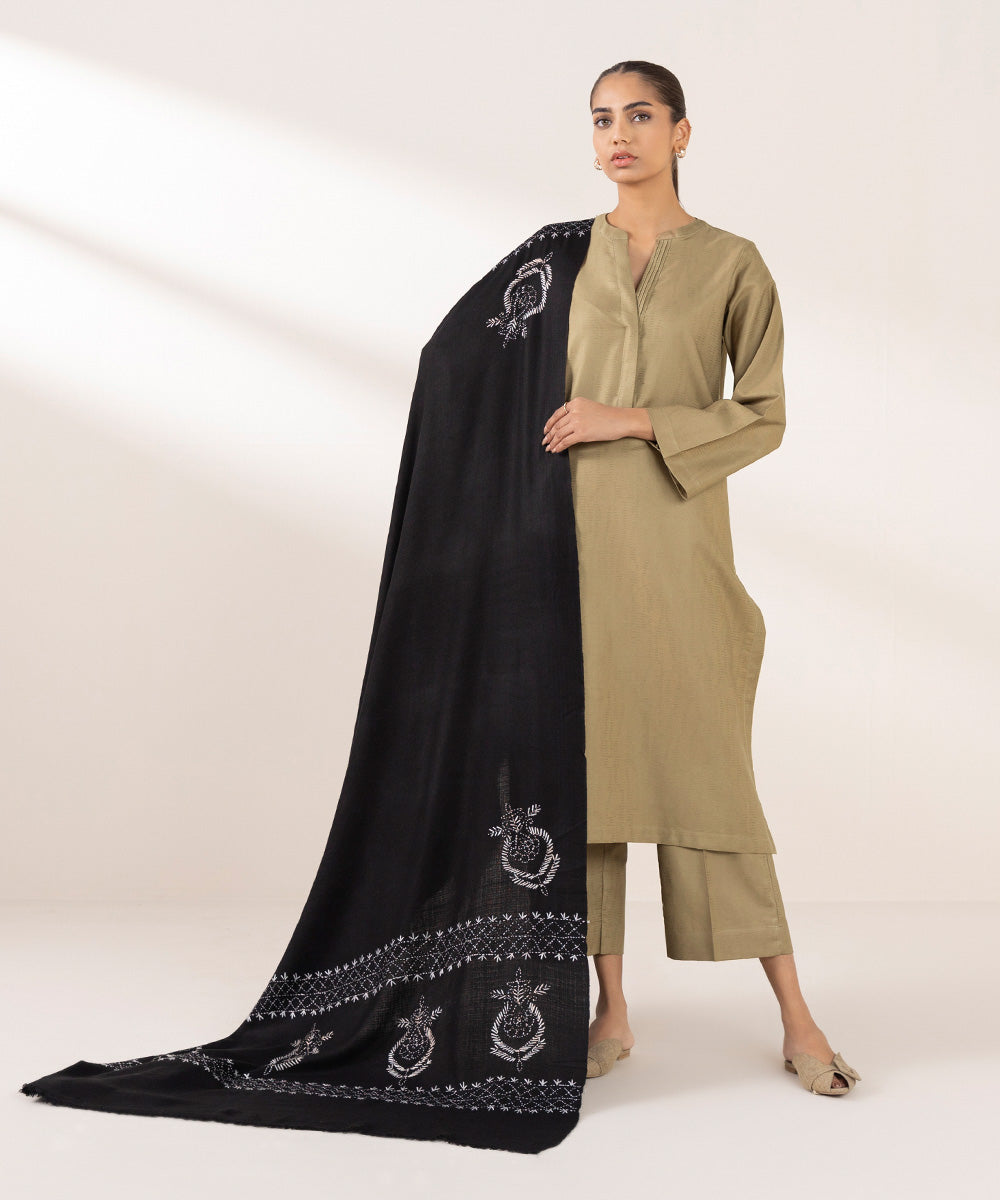 Black Embroidered Wool Shawl