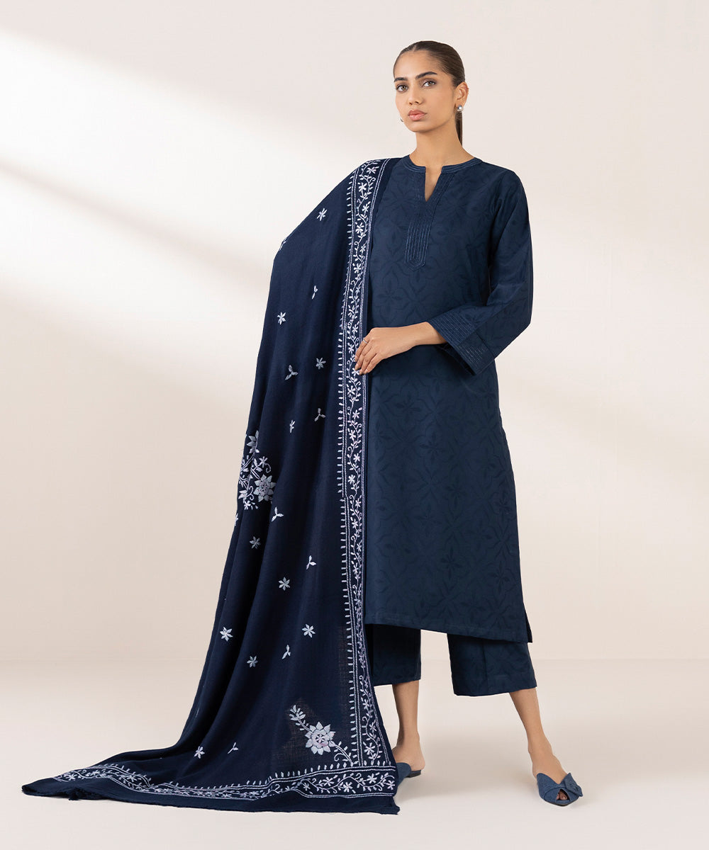 Blue Embroidered Wool Shawl