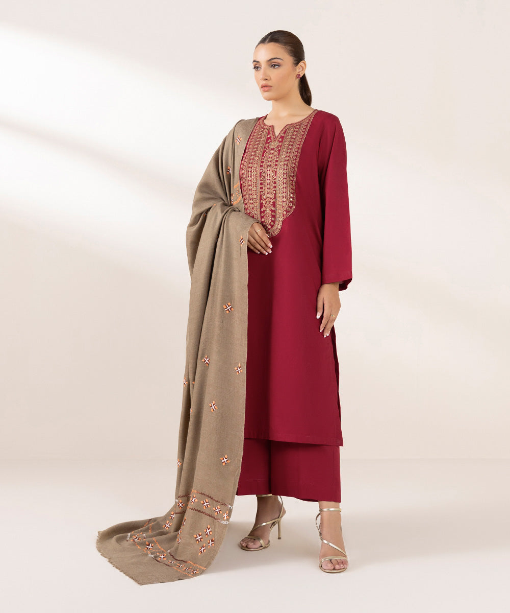 Brown Embroidered Wool Shawl