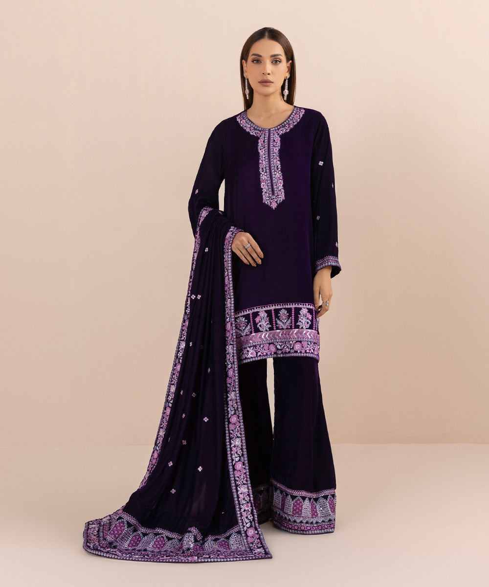 Women's Embroidered Purple Velvet Shawl
