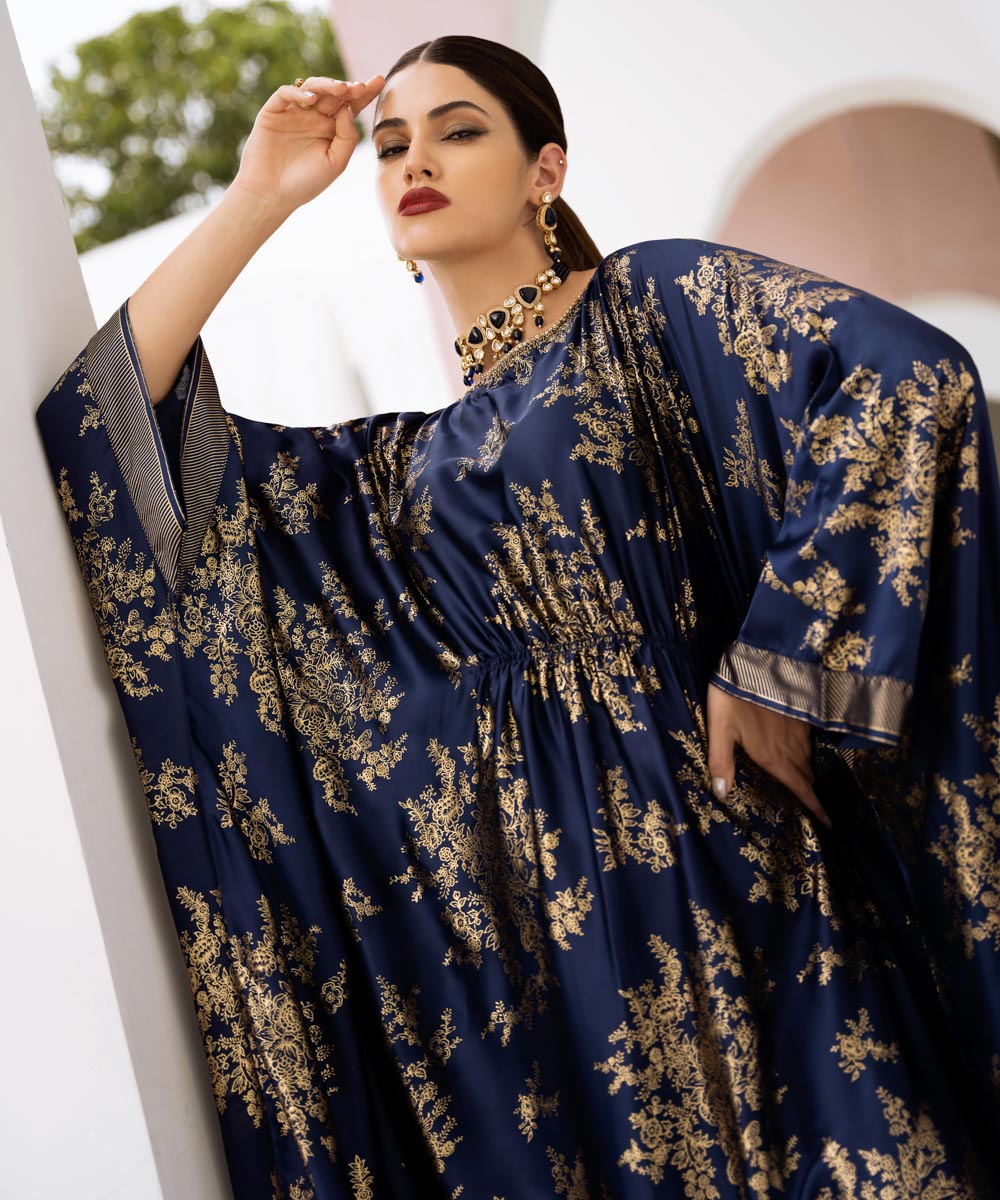 Women's Pret Blended Satin Blue Printed Kaftan 