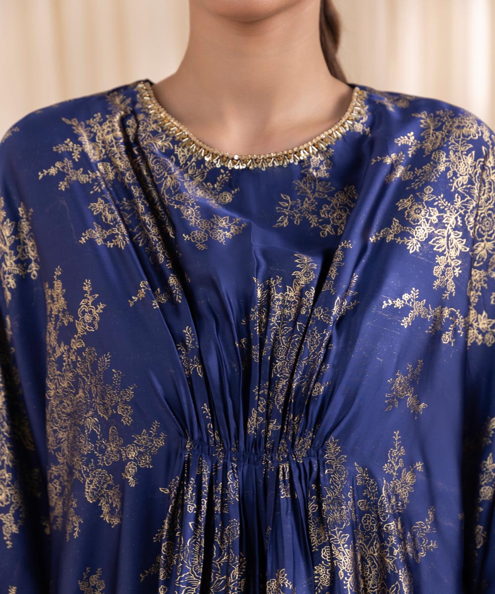 Women's Pret Blended Satin Blue Printed Kaftan 