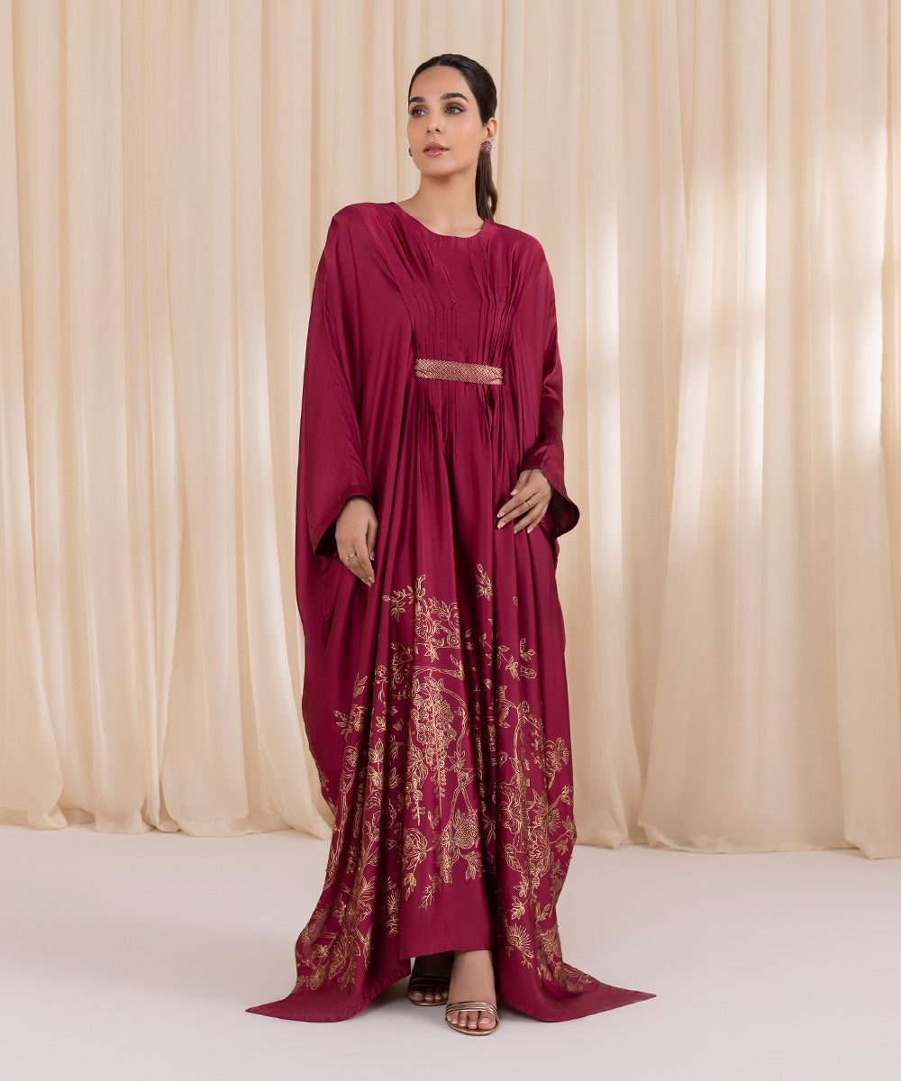 Women's Pret Blended Satin Red Printed Kaftan 