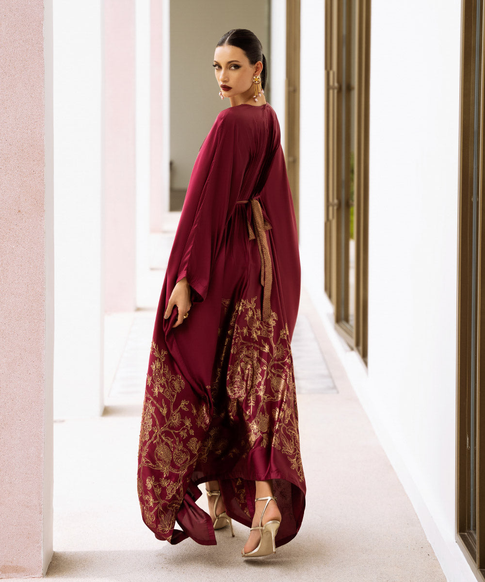 Women's Pret Blended Satin Red Printed Kaftan 