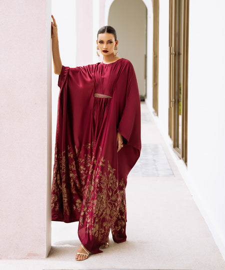 Women's Pret Blended Satin Red Printed Kaftan 