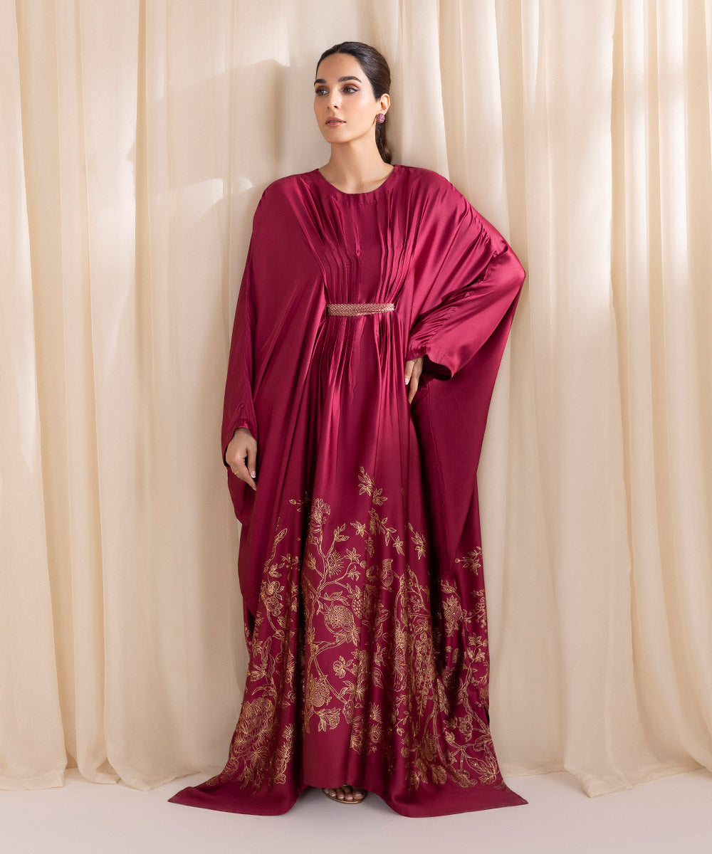 Women's Pret Blended Satin Red Printed Kaftan 