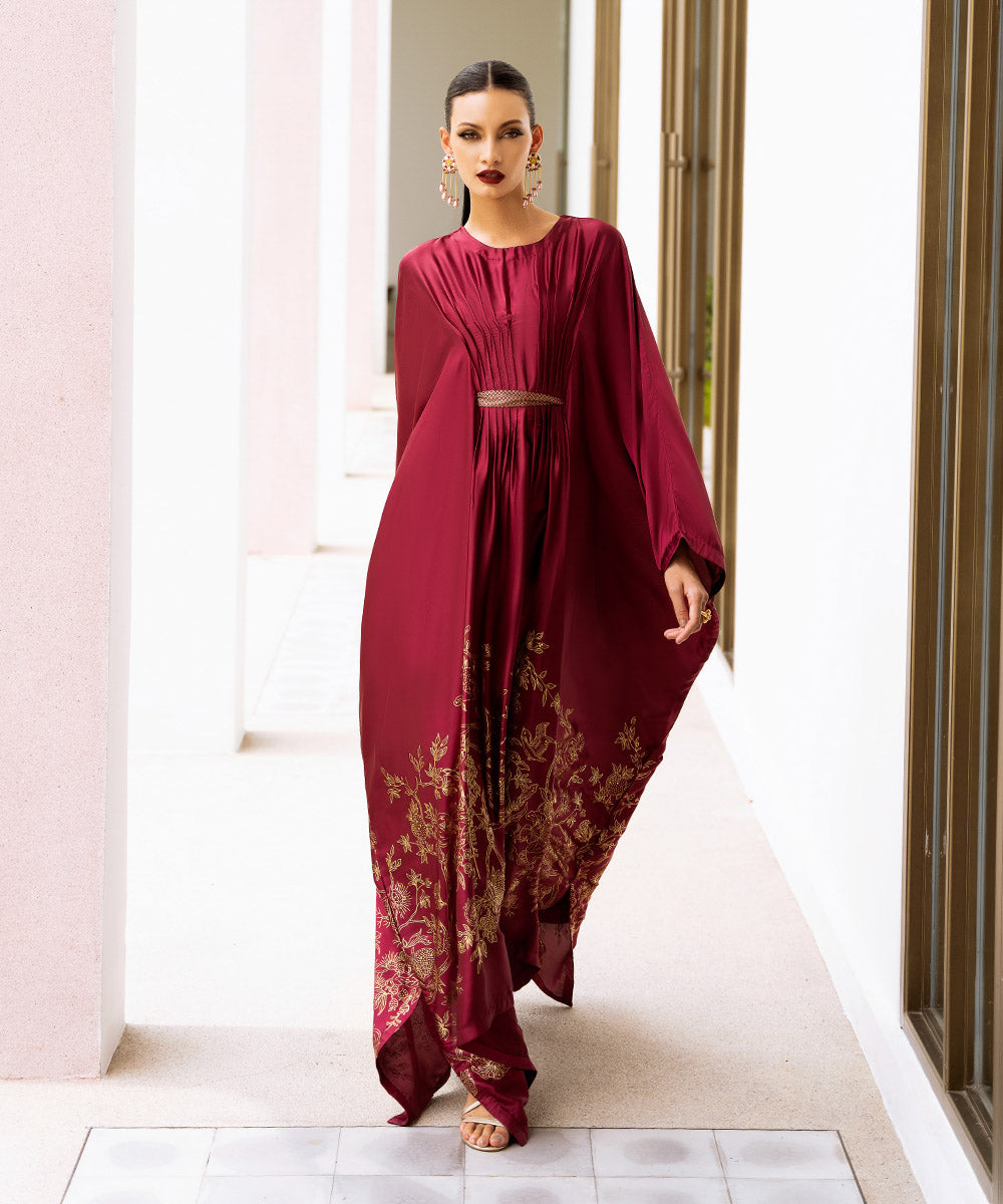 Women's Pret Blended Satin Red Printed Kaftan 