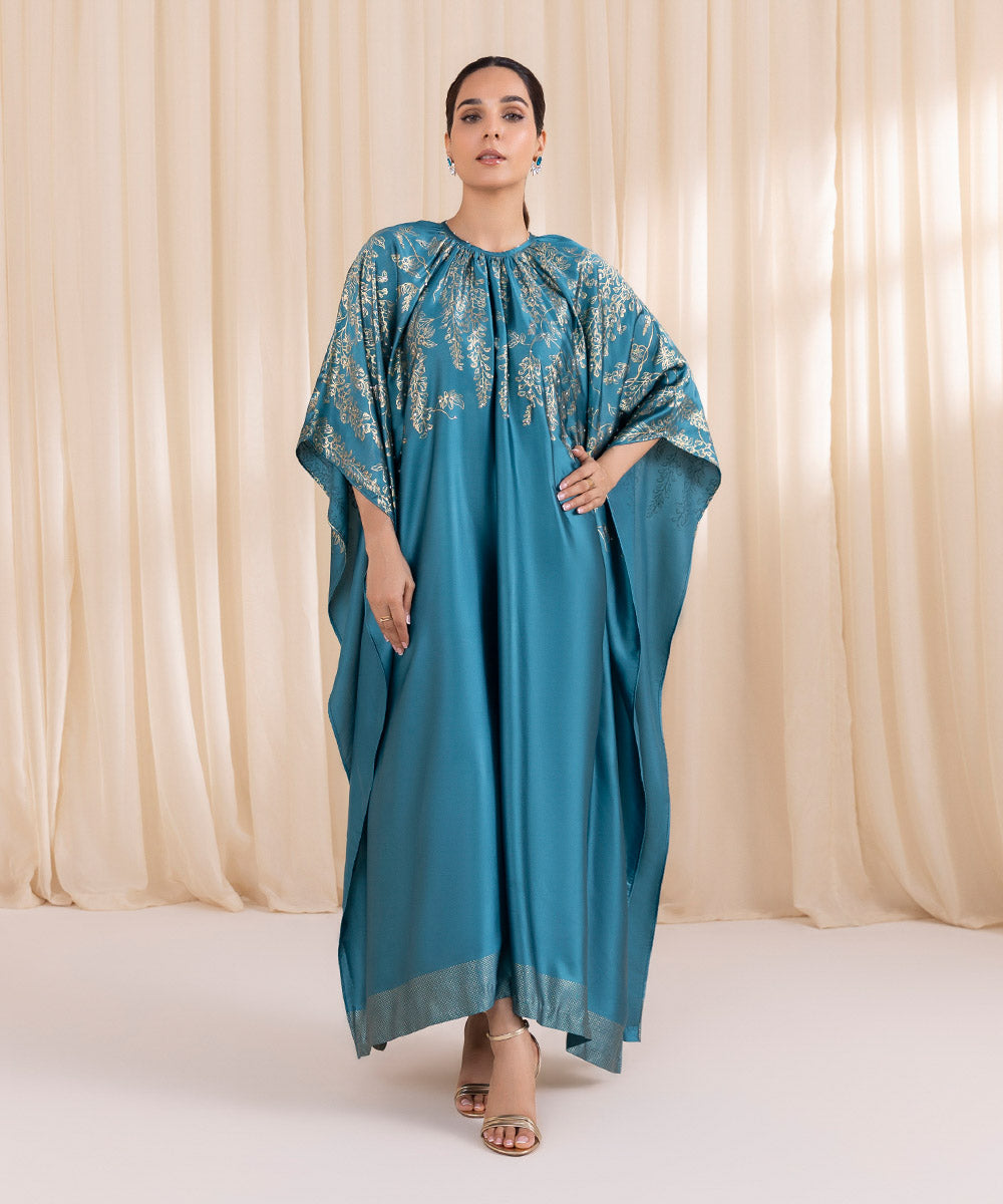 Women's Pret Blended Satin Blue Printed Kaftan 