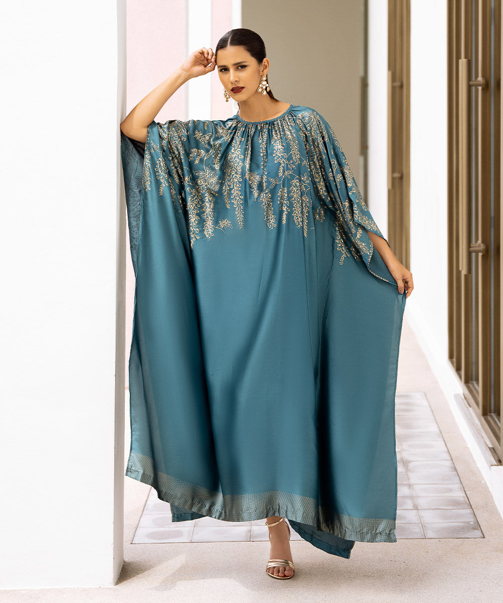 Women's Pret Blended Satin Blue Printed Kaftan 