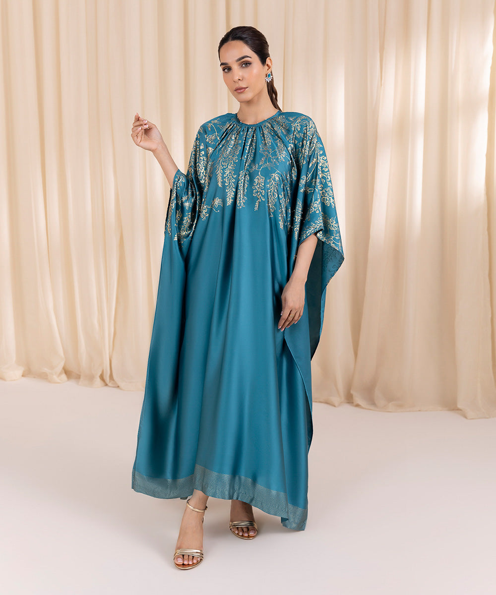 Women's Pret Blended Satin Blue Printed Kaftan 