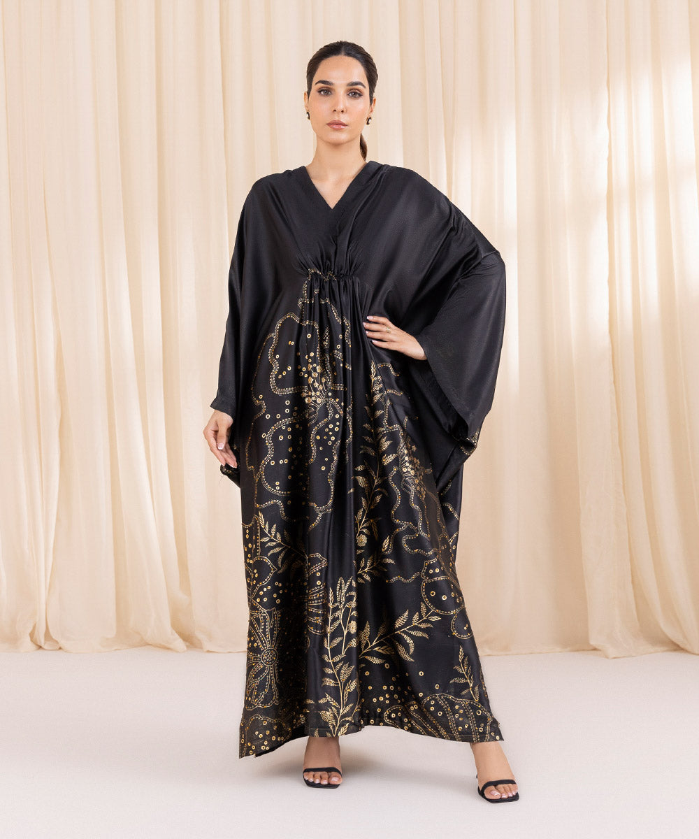 Women's Pret Blended Satin Black Printed Kaftan 