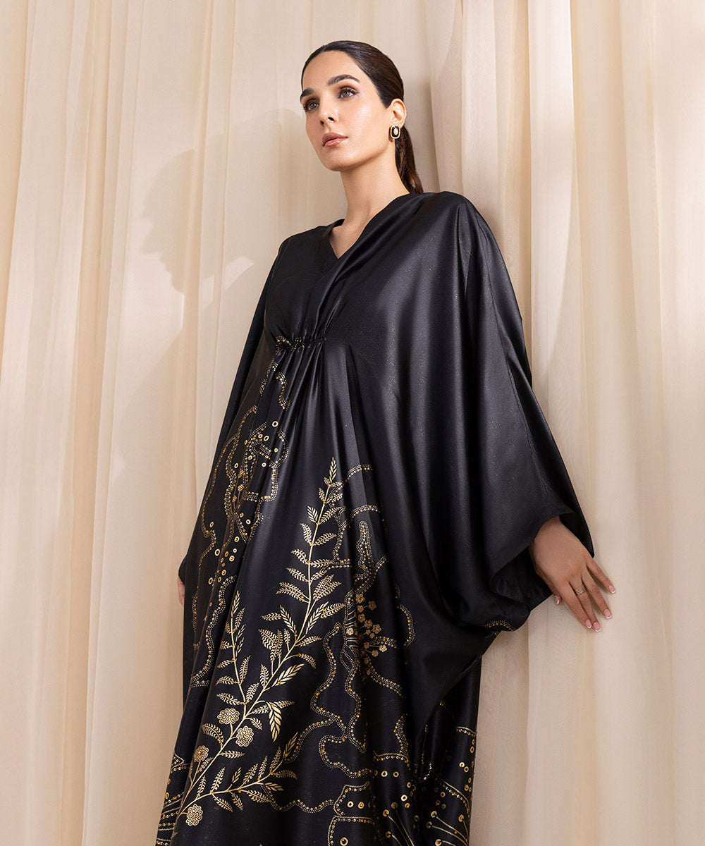 Women's Pret Blended Satin Black Printed Kaftan 