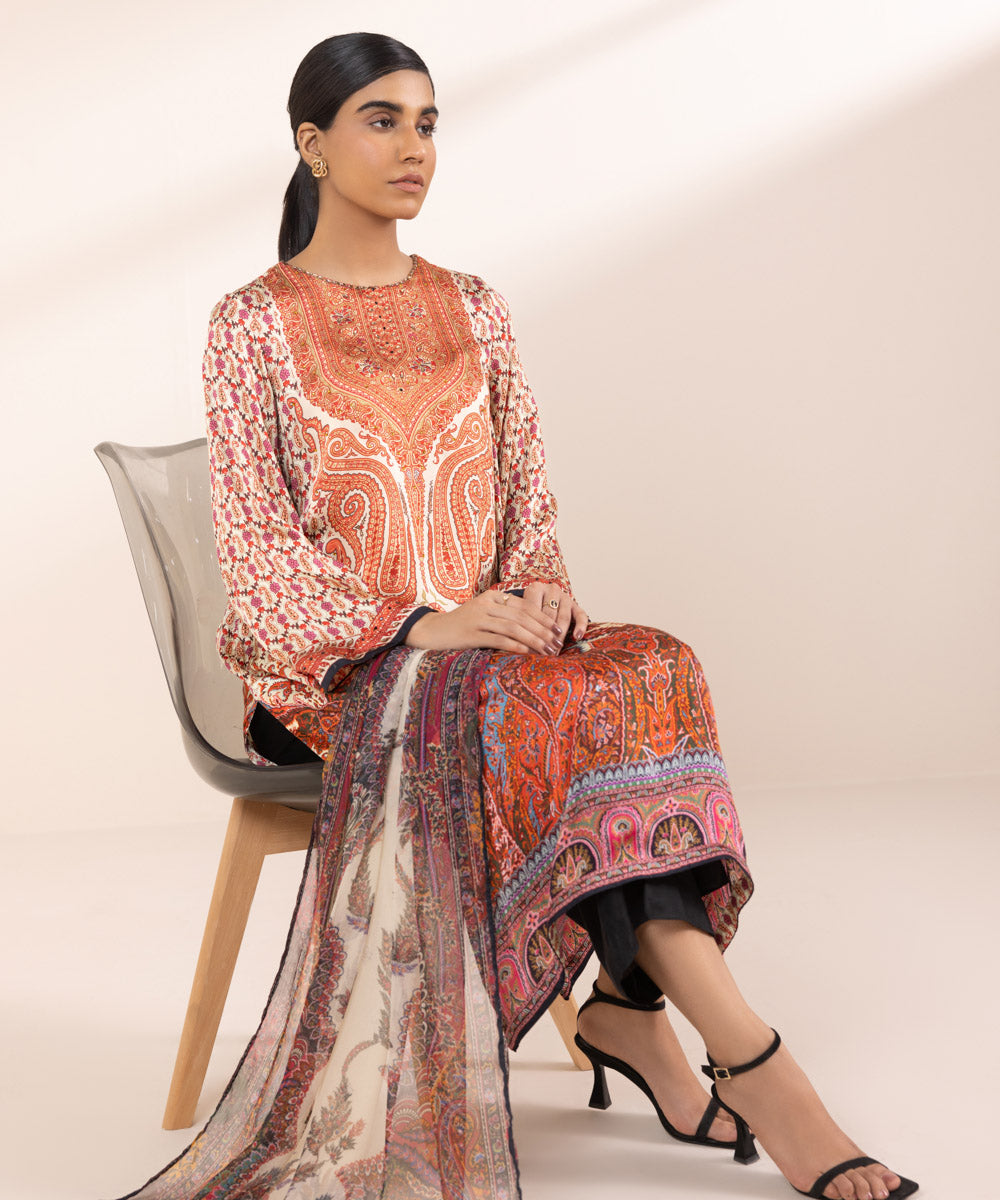 Women's Pret Chamoze Silk Printed Orange 2 Piece Suit