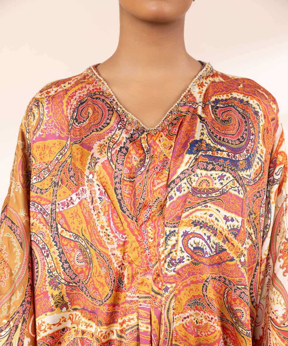 Women's Pret Blended Satin Printed Orange Kaftan Shirt