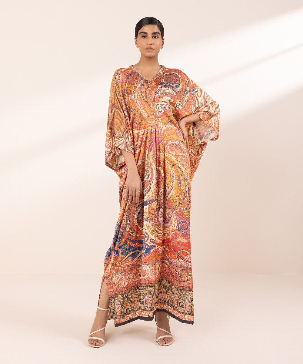 Women's Pret Blended Satin Printed Orange Kaftan Shirt