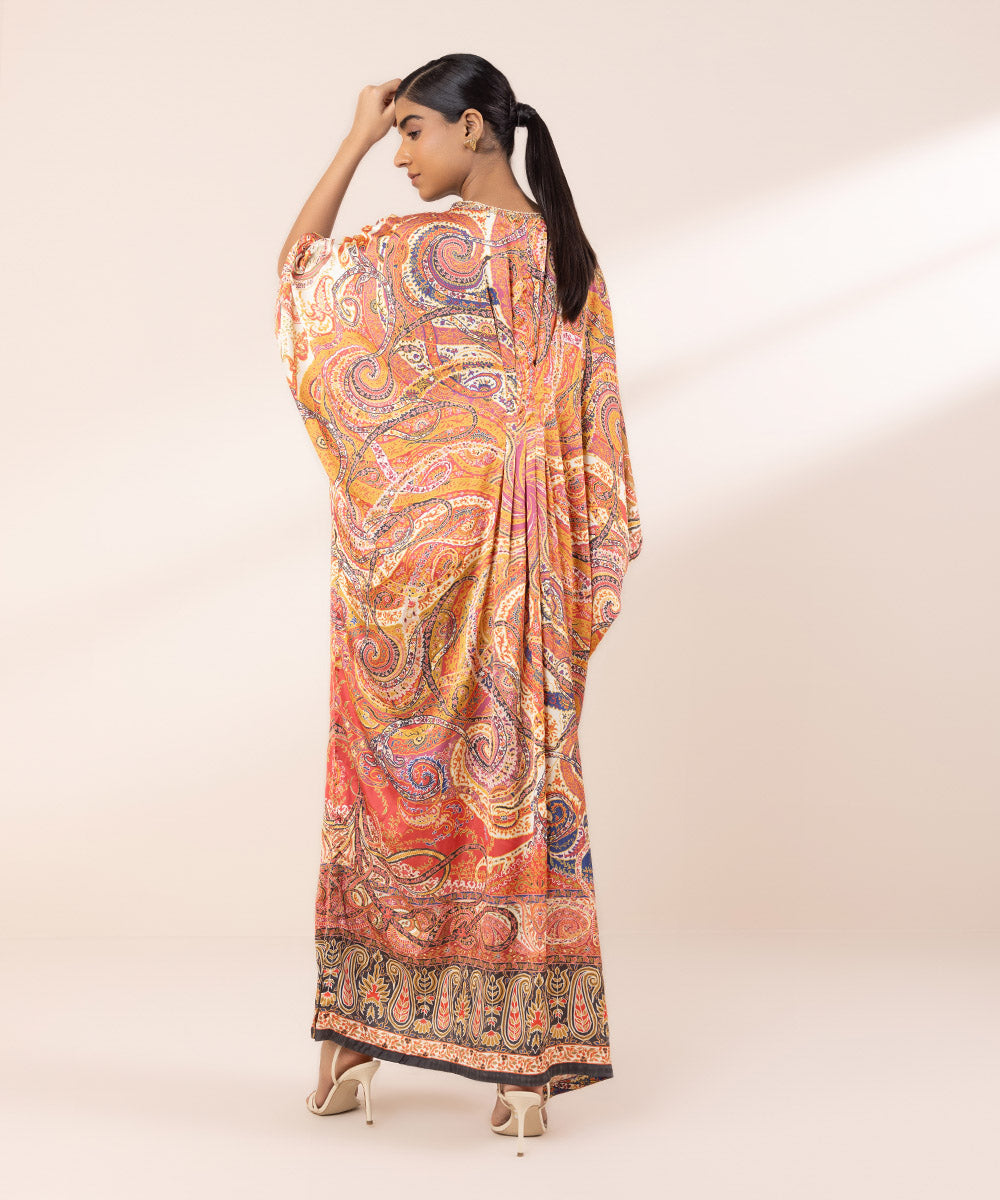 Women's Pret Blended Satin Printed Orange Kaftan Shirt