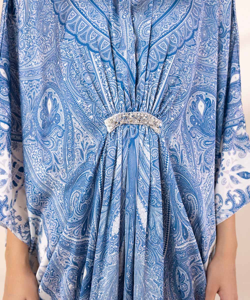 Women's Pret Blended Satin Printed Blue Kaftan Shirt