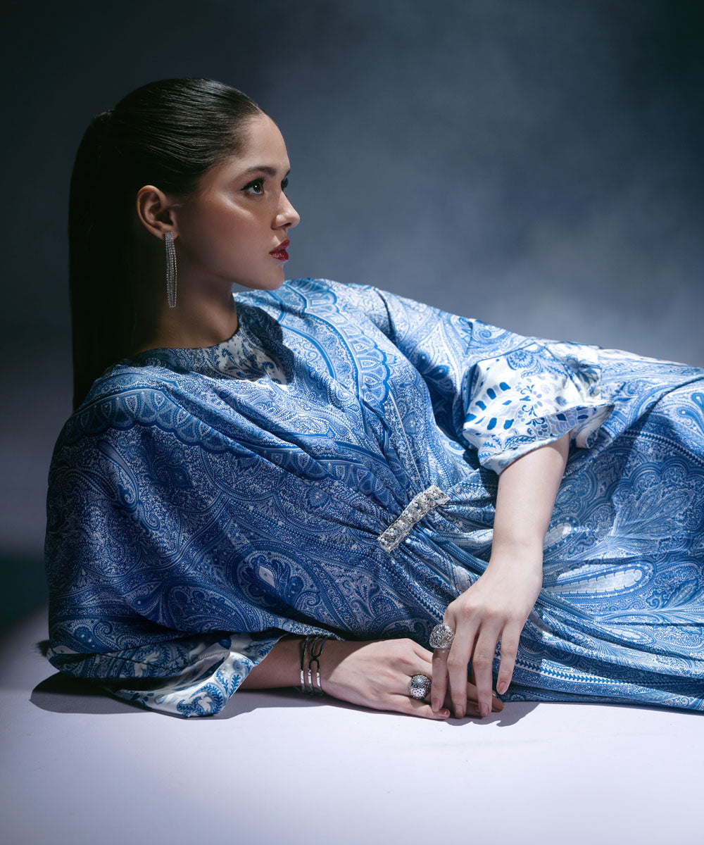 Women's Pret Blended Satin Printed Blue Kaftan Shirt