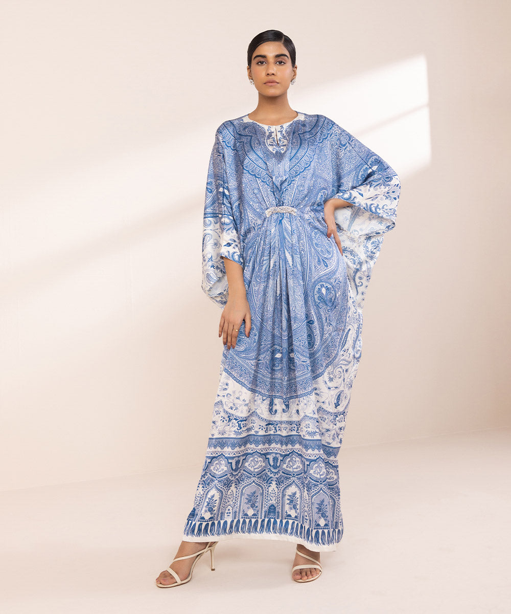 Women's Pret Blended Satin Printed Blue Kaftan Shirt