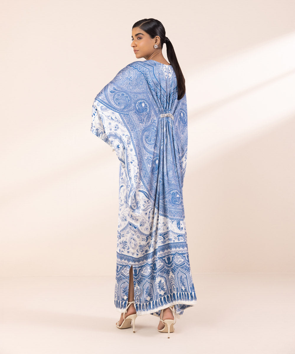 Women's Pret Blended Satin Printed Blue Kaftan Shirt