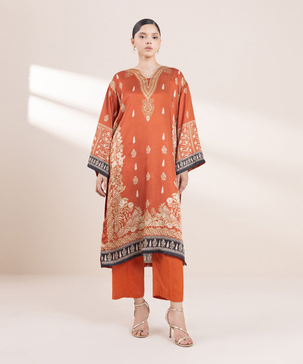 Women's Pret Blended Satin Printed Orange 2 Piece Suit