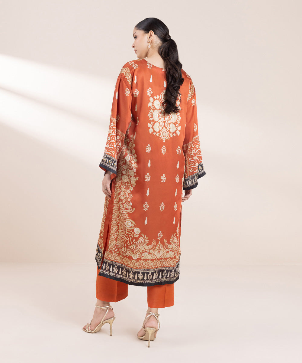 Women's Pret Blended Satin Printed Orange 2 Piece Suit