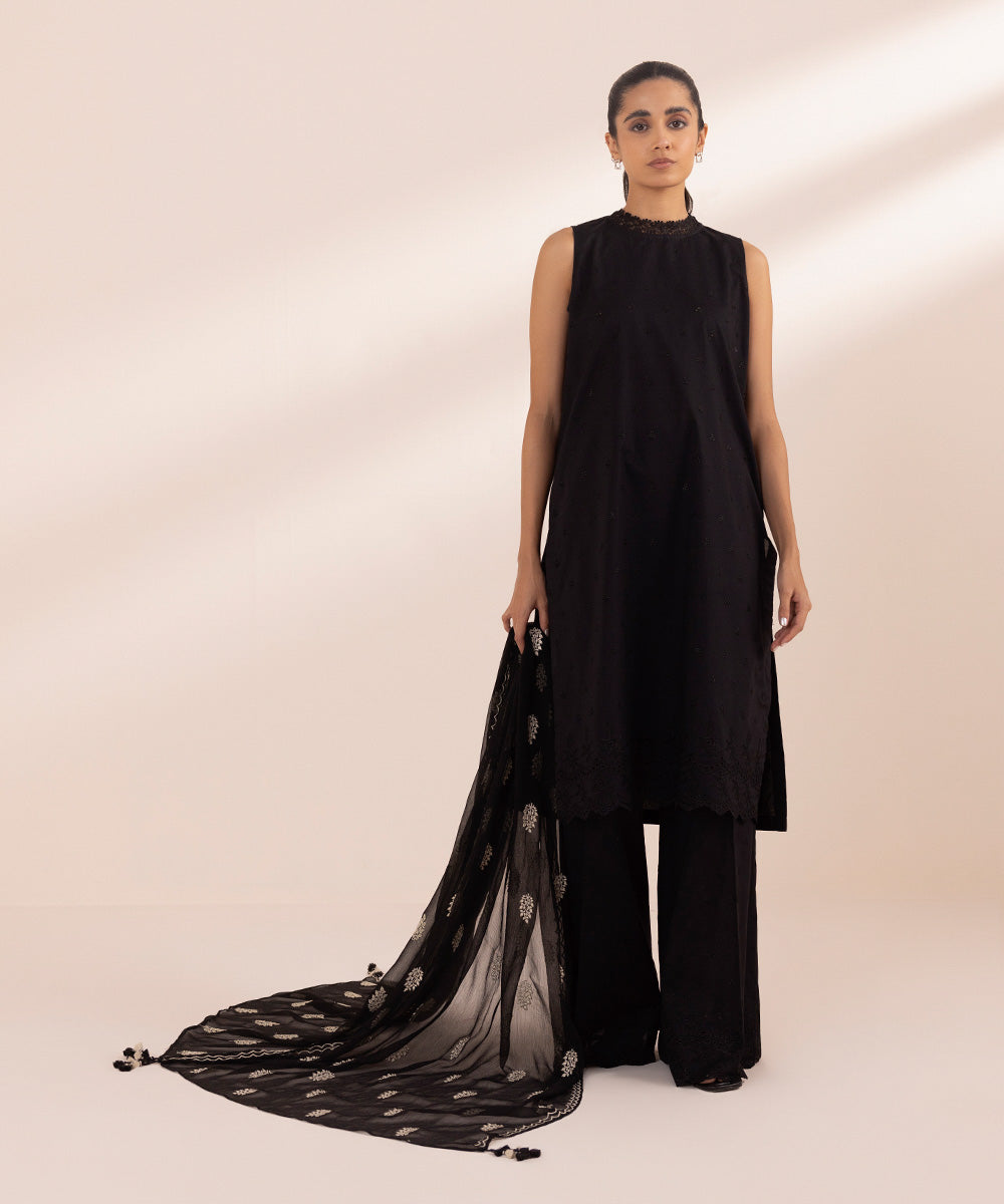 Blended Chiffon Embroidered Black Dupatta