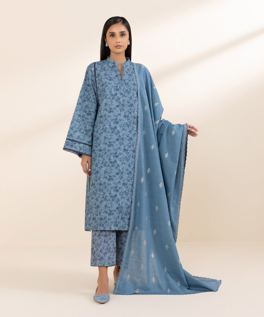 Khaddar Blue Embroidered Dupatta 