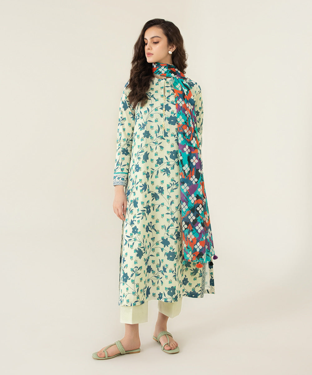 Unstitched Women's Printed Lawn Off White and Blue 2 Piece Suit