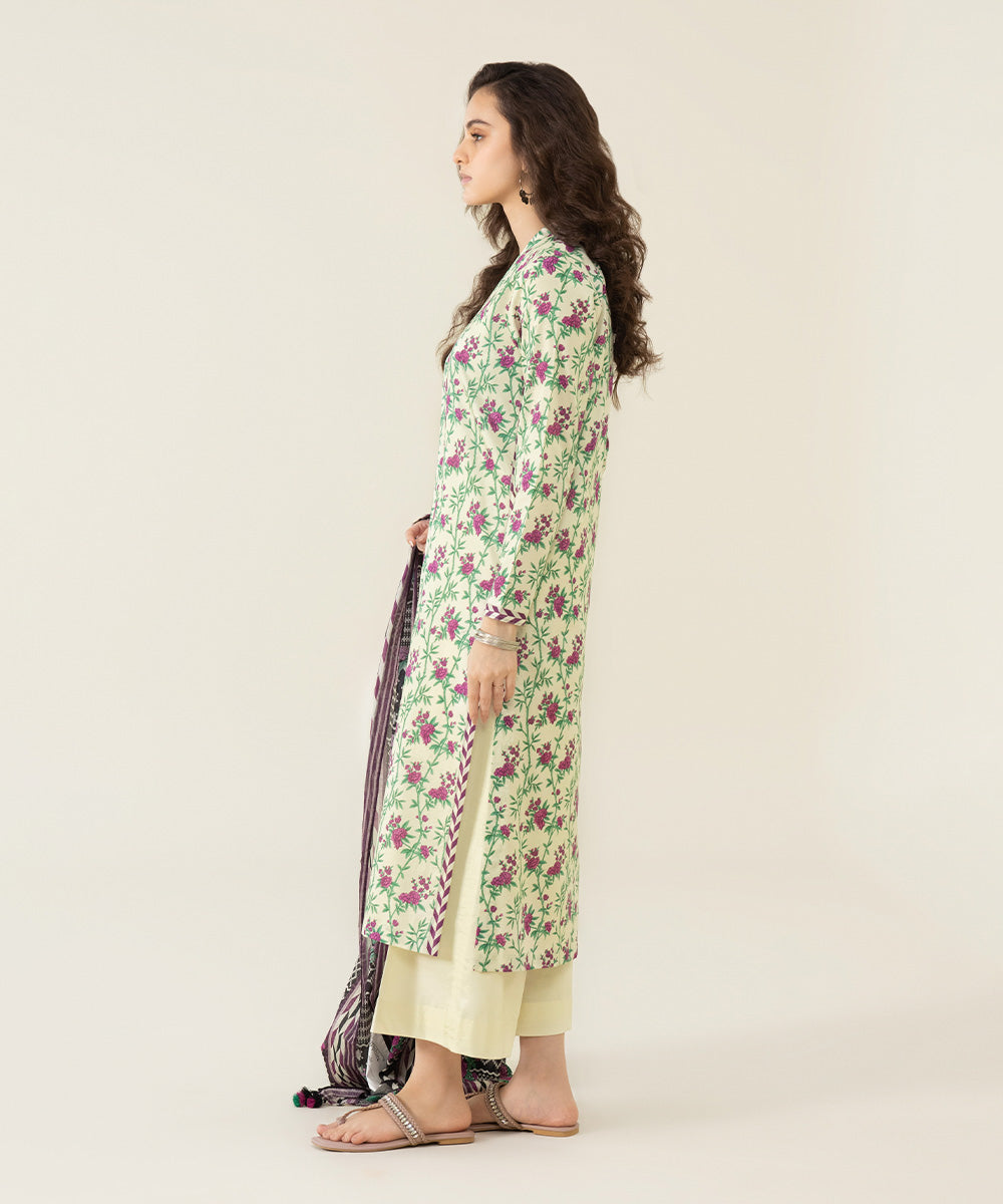 Unstitched Women's Printed Lawn Off White 2 Piece Suit