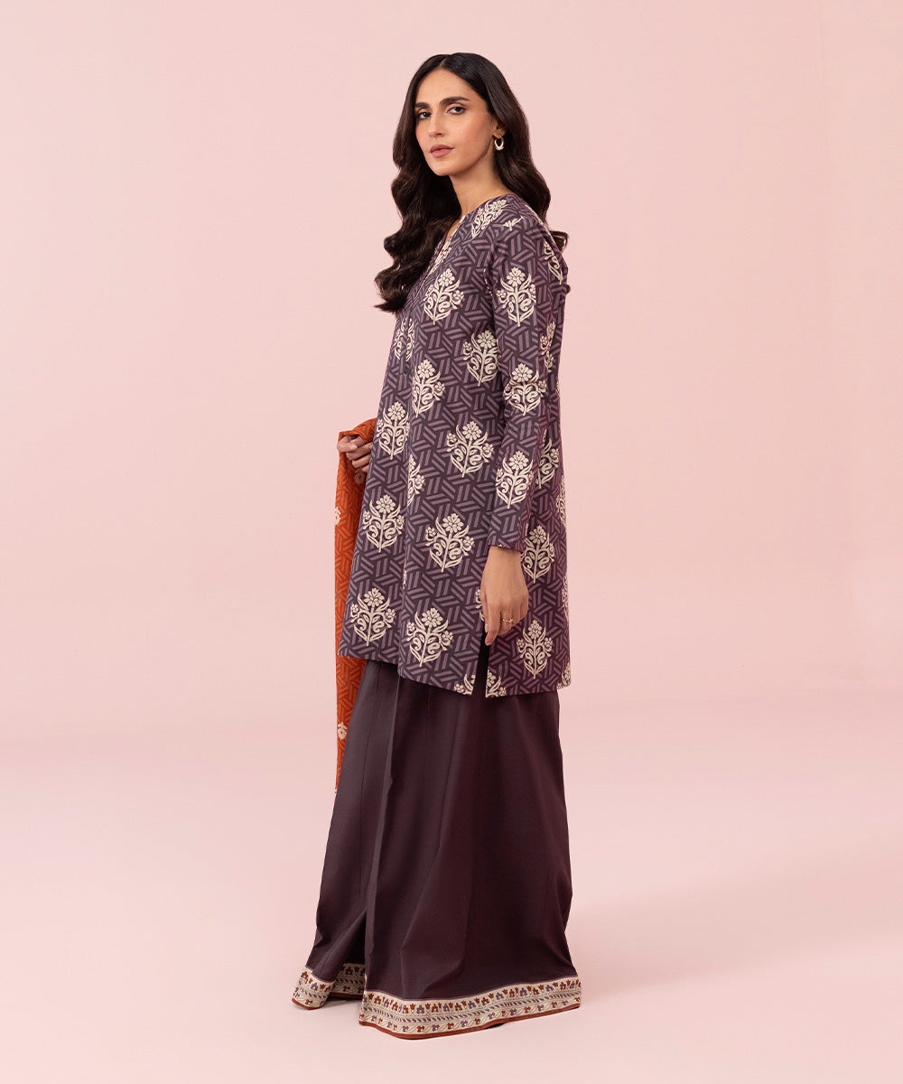 Women's Unstitched Printed Cambric Purple 3 Piece Suit