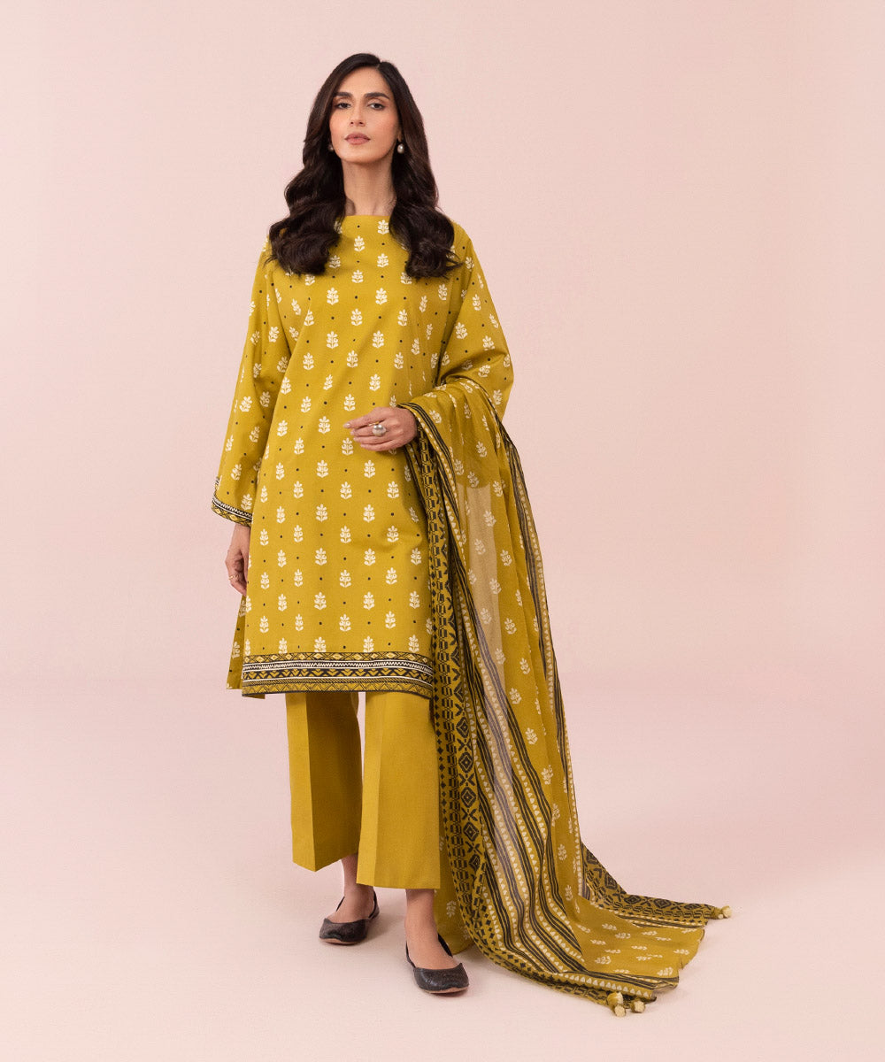 Women's Unstitched Printed Cambric Mustard Yellow 3 Piece Suit