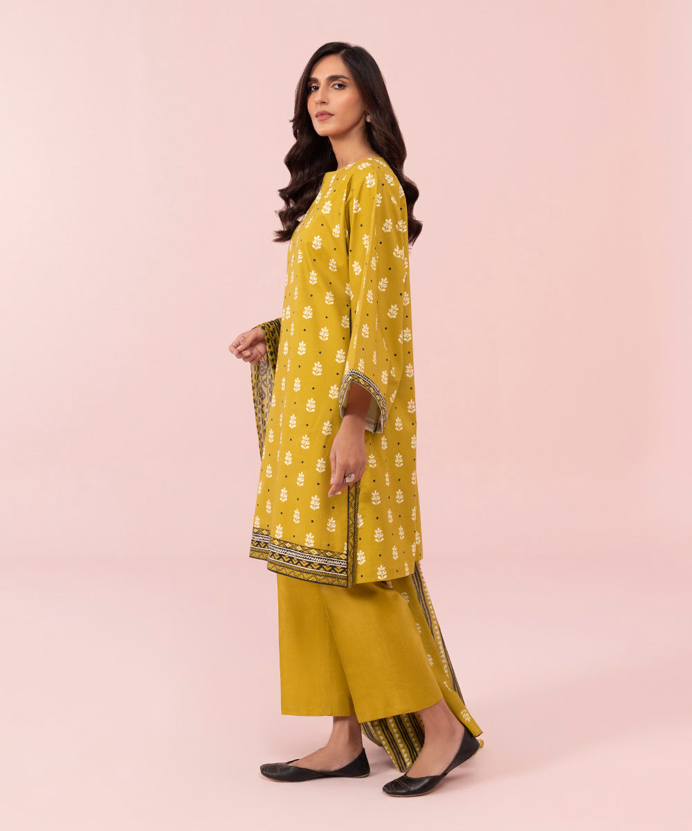 Women's Unstitched Printed Cambric Mustard Yellow 3 Piece Suit