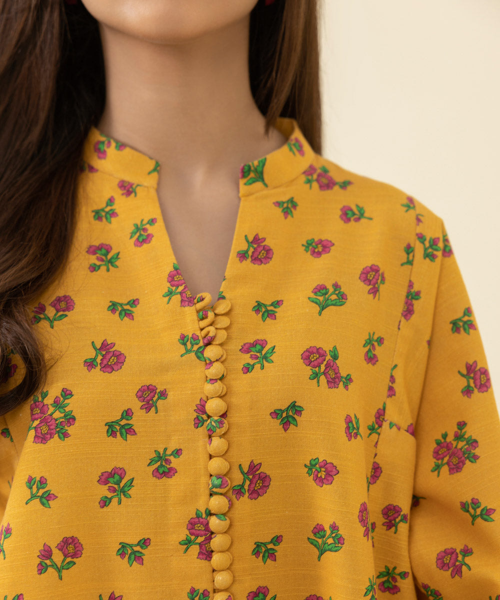 Women's Unstitched Printed Khaddar Yellow 2 Piece Suit