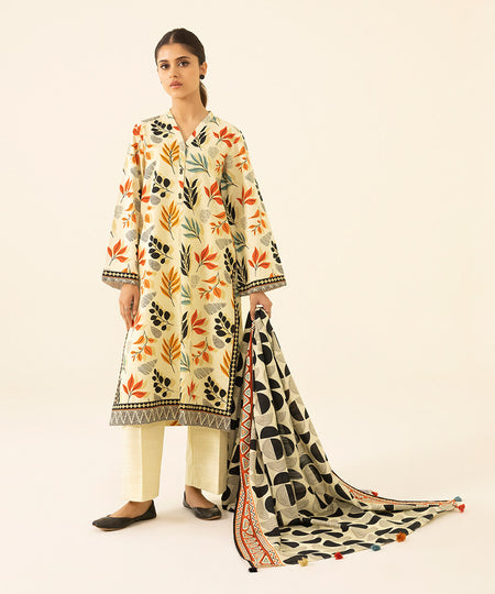 Women's Unstitched Printed Khaddar Off White 2 Piece Suit