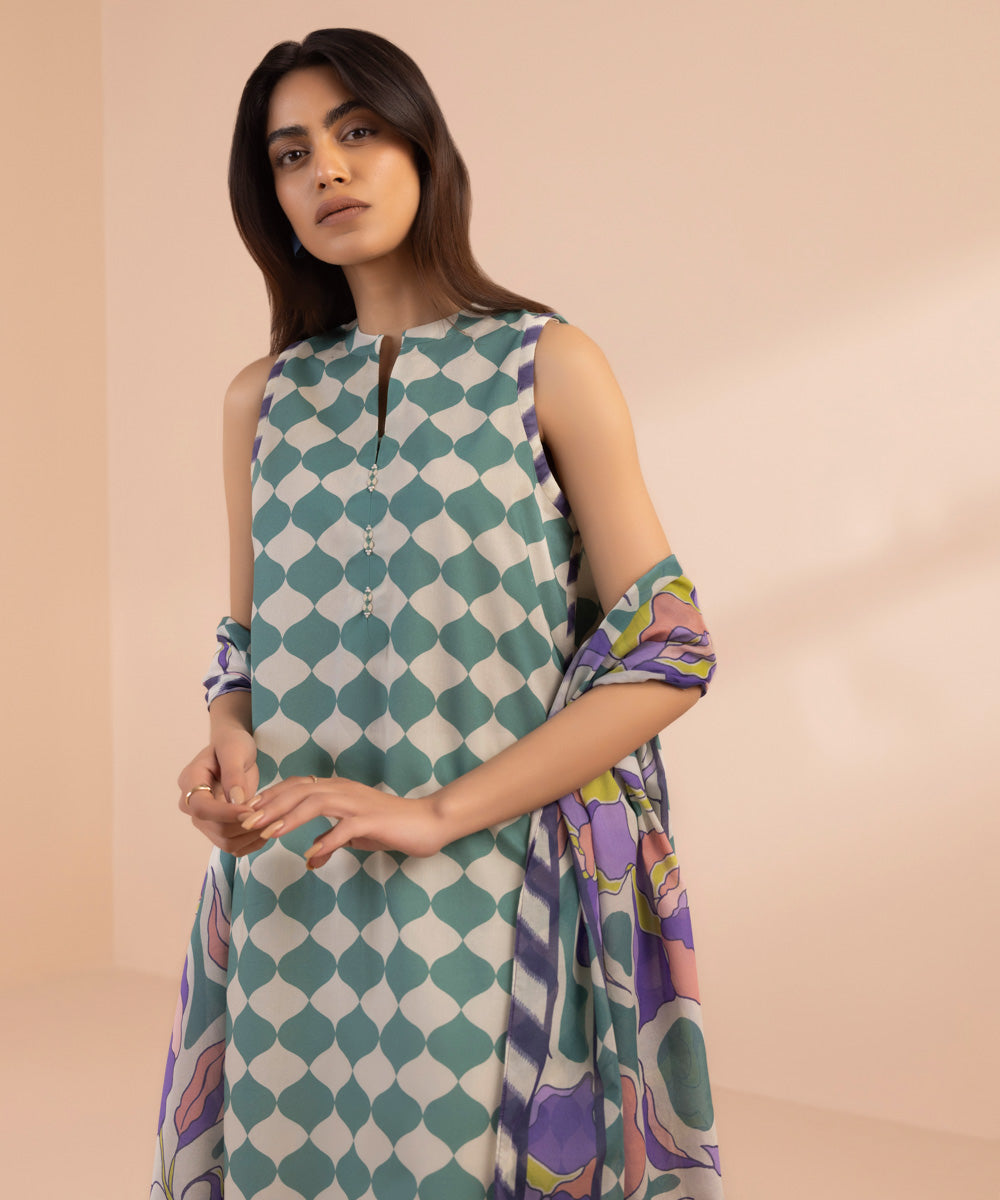 Women's Unstitched Lawn Printed Green 2 Piece Suit