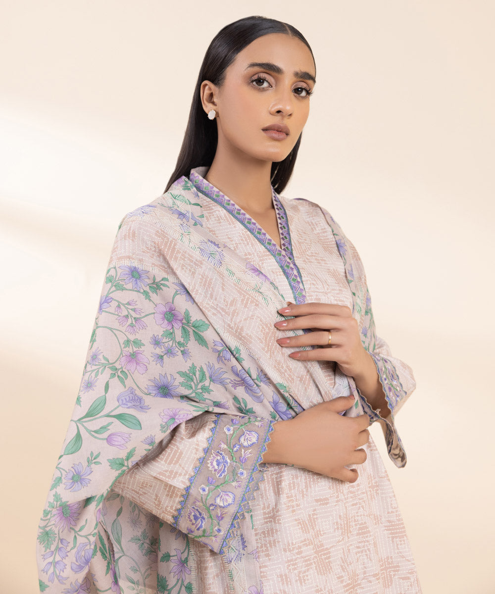 Women's Unstitched Embroidered Pastel Pink Cambric Shirt and Dupatta