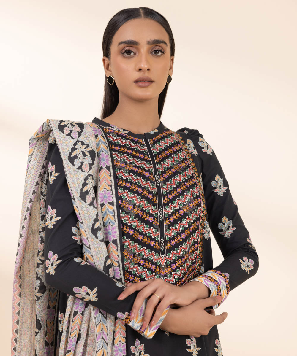 Women's Unstitched Embroidered Black Cambric Shirt and Dupatta