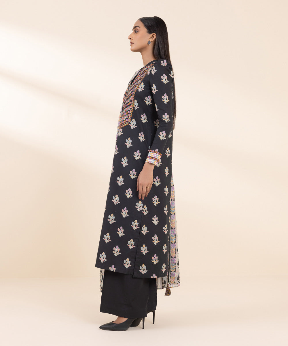 Women's Unstitched Embroidered Black Cambric Shirt and Dupatta